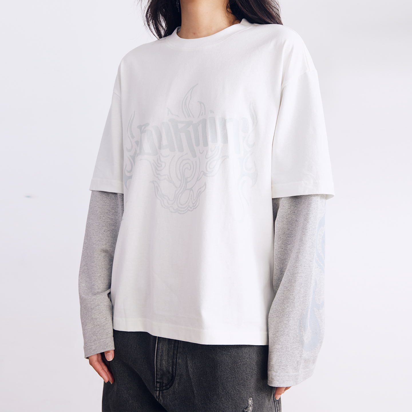 BURNIN* “97’series” worn fire pattern fake two-piece T-shirt - PSYLOS 1, BURNIN* “97’series” worn fire pattern fake two-piece T-shirt, T-Shirt, Burnin, PSYLOS 1